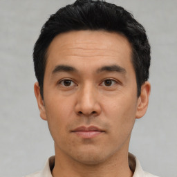 Neutral asian young-adult male with short  black hair and brown eyes