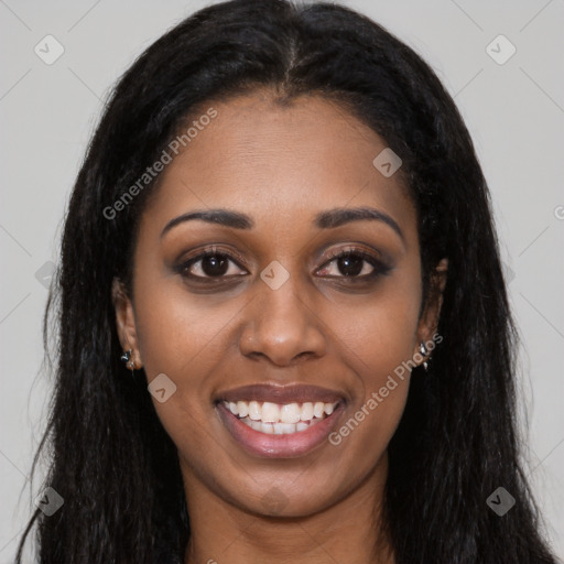 Joyful latino young-adult female with long  black hair and brown eyes