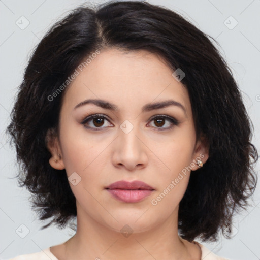 Neutral asian young-adult female with medium  brown hair and brown eyes