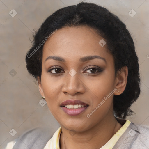 Joyful latino young-adult female with short  black hair and brown eyes