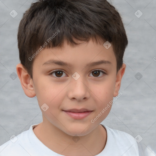 Joyful white child male with short  brown hair and brown eyes