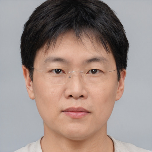 Neutral asian adult male with short  brown hair and brown eyes
