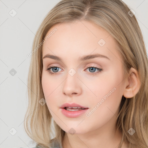 Neutral white young-adult female with long  brown hair and brown eyes