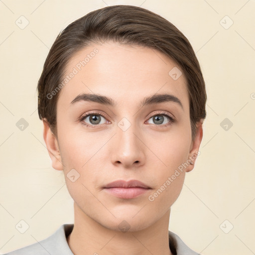 Neutral white young-adult female with short  brown hair and brown eyes