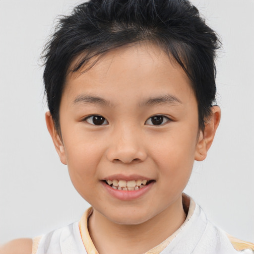 Joyful white child female with short  brown hair and brown eyes