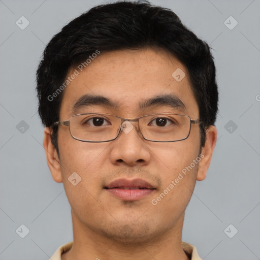 Neutral asian young-adult male with short  brown hair and brown eyes