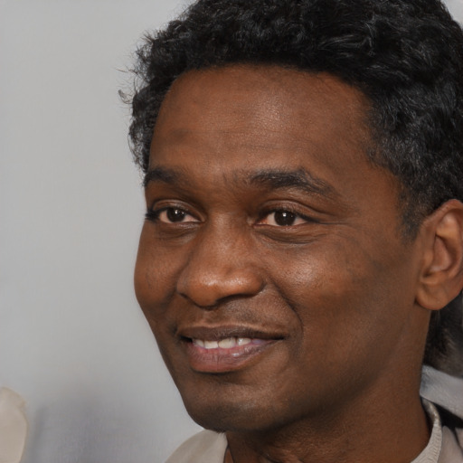 Joyful black adult male with short  black hair and brown eyes