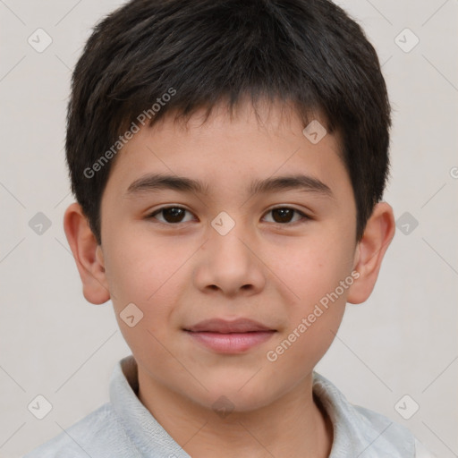 Joyful white child male with short  brown hair and brown eyes