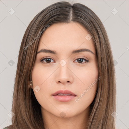 Neutral white young-adult female with long  brown hair and brown eyes