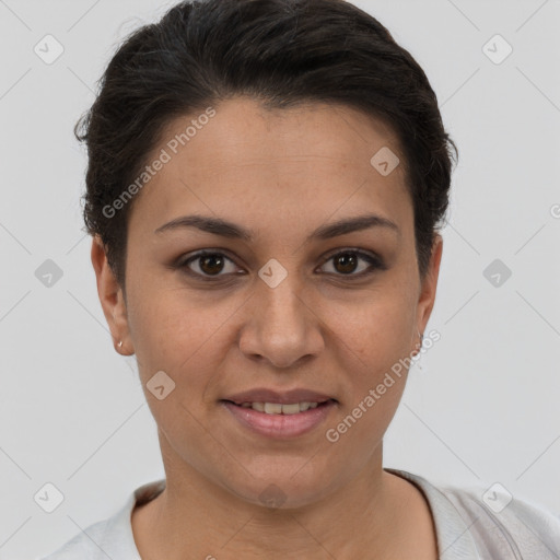 Joyful white young-adult female with short  brown hair and brown eyes