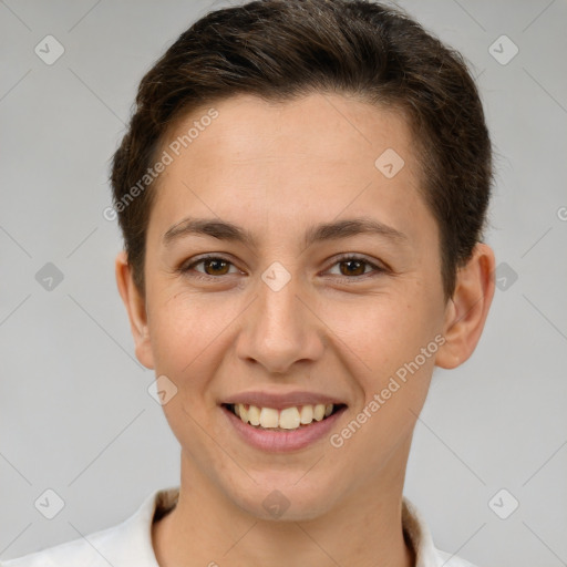 Joyful white young-adult female with short  brown hair and brown eyes