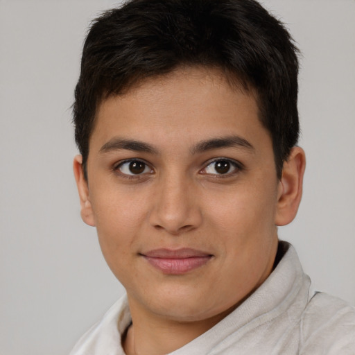 Joyful latino young-adult male with short  brown hair and brown eyes