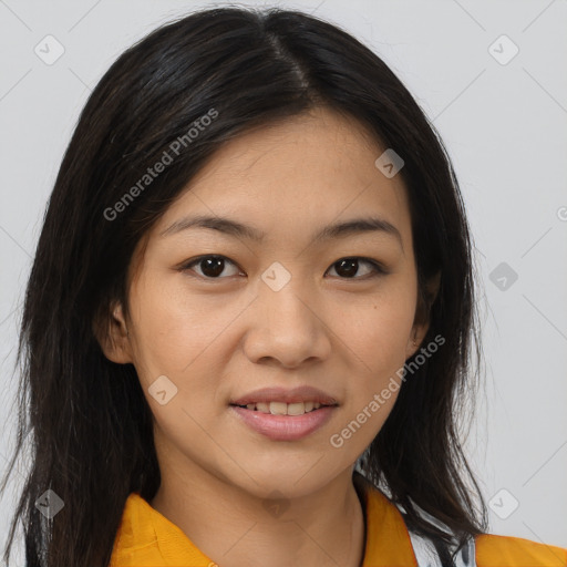 Joyful asian young-adult female with medium  brown hair and brown eyes