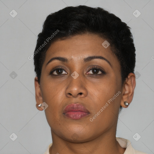 Neutral black young-adult female with short  black hair and brown eyes
