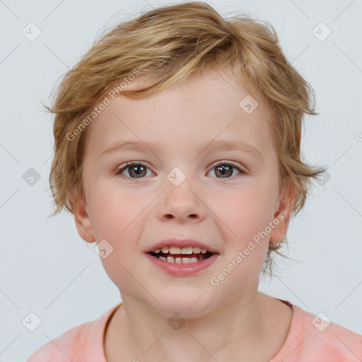 Joyful white child female with medium  brown hair and brown eyes