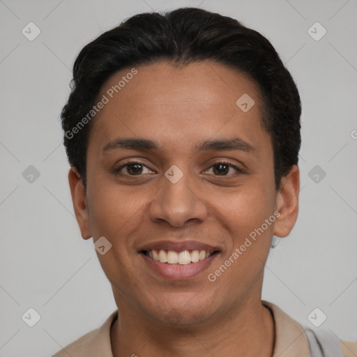 Joyful latino young-adult female with short  brown hair and brown eyes