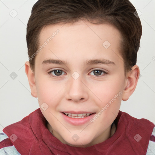 Joyful white child female with short  brown hair and brown eyes