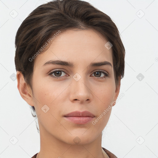 Neutral white young-adult female with short  brown hair and brown eyes