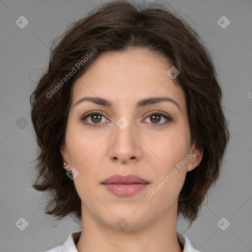 Neutral white young-adult female with medium  brown hair and brown eyes