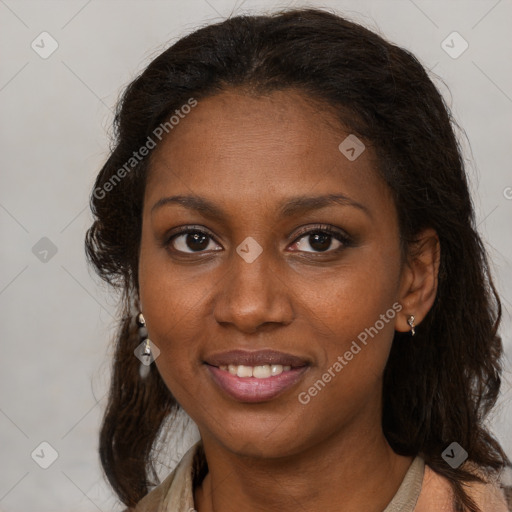 Joyful black young-adult female with medium  brown hair and brown eyes