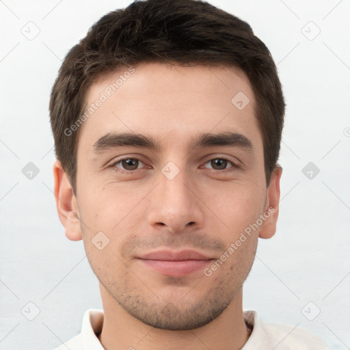 Neutral white young-adult male with short  brown hair and brown eyes