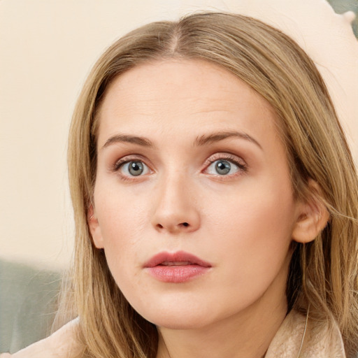 Neutral white young-adult female with long  brown hair and grey eyes