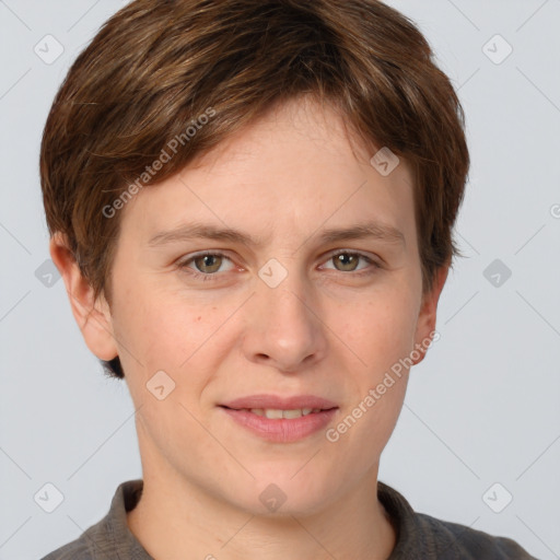 Joyful white young-adult female with short  brown hair and grey eyes