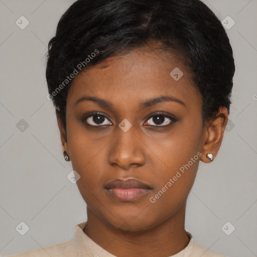 Neutral black young-adult female with short  black hair and brown eyes