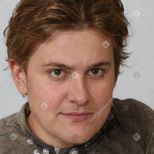 Joyful white adult female with medium  brown hair and blue eyes