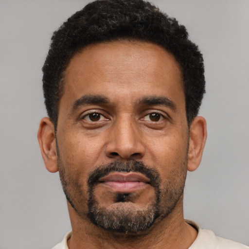 Neutral black adult male with short  black hair and brown eyes