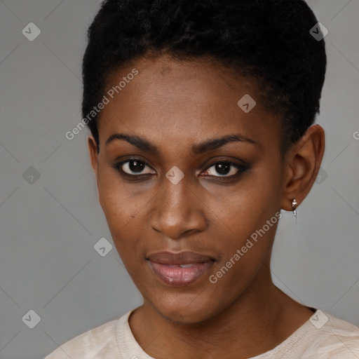 Neutral black young-adult female with short  black hair and brown eyes