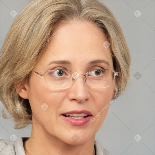 Joyful white adult female with medium  brown hair and blue eyes