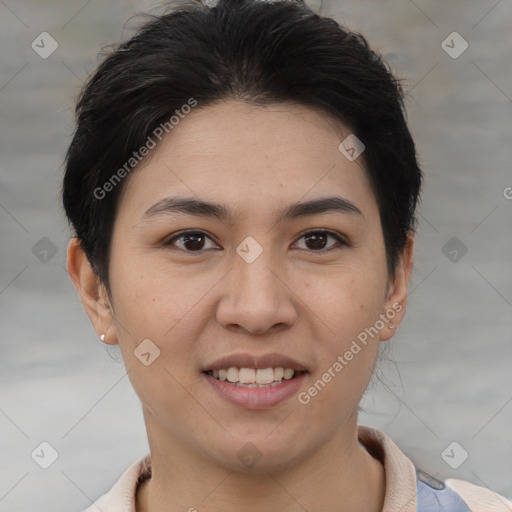 Joyful asian young-adult female with short  brown hair and brown eyes