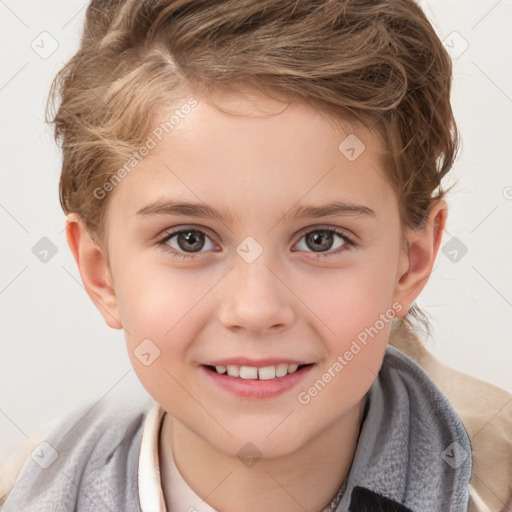 Joyful white child female with short  brown hair and brown eyes