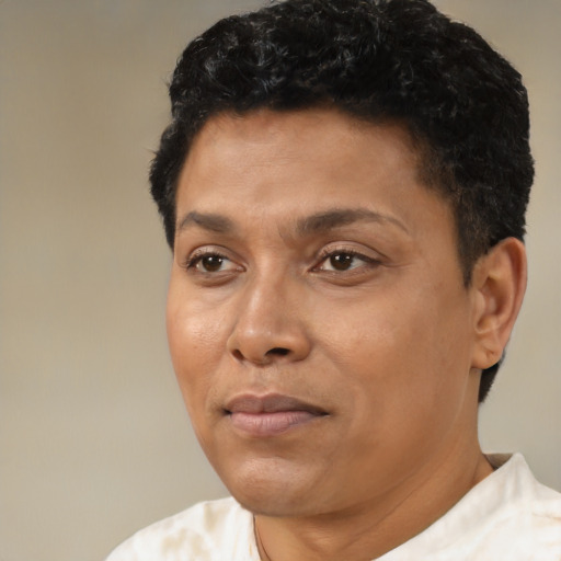 Joyful black adult male with short  brown hair and brown eyes