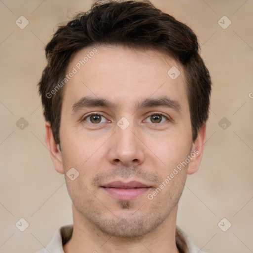 Neutral white young-adult male with short  brown hair and brown eyes