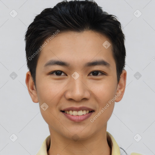 Joyful asian young-adult male with short  brown hair and brown eyes