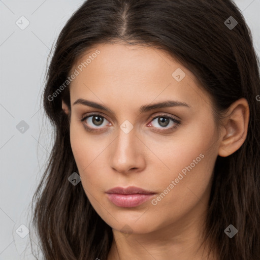 Neutral white young-adult female with long  brown hair and brown eyes