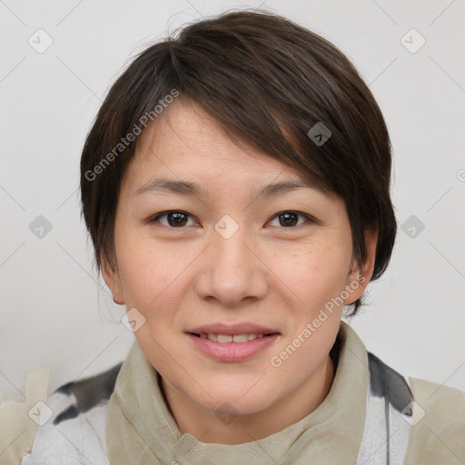 Joyful white young-adult female with medium  brown hair and brown eyes