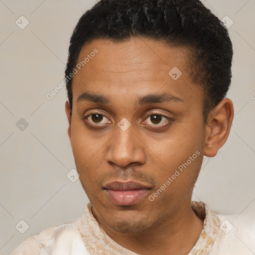 Neutral latino young-adult male with short  black hair and brown eyes