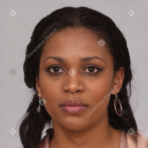 Neutral black young-adult female with medium  black hair and brown eyes