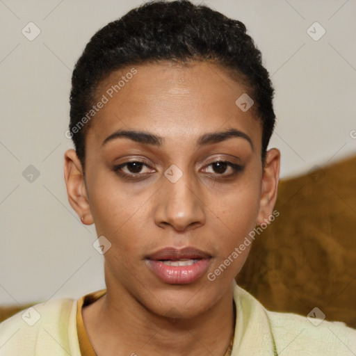 Joyful latino young-adult female with short  brown hair and brown eyes