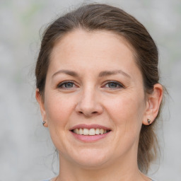 Joyful white adult female with medium  brown hair and grey eyes