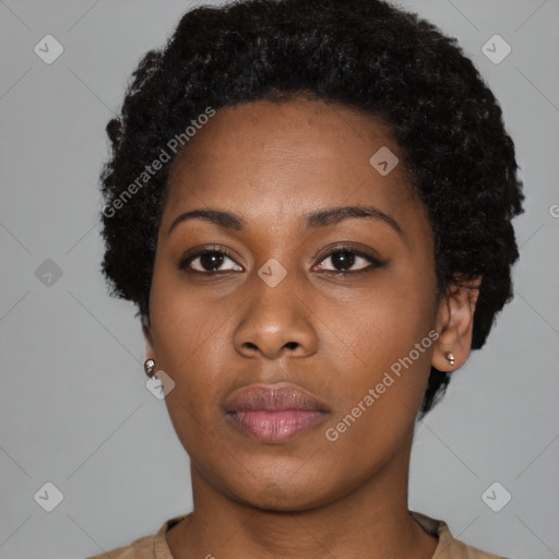 Neutral black young-adult female with short  black hair and brown eyes