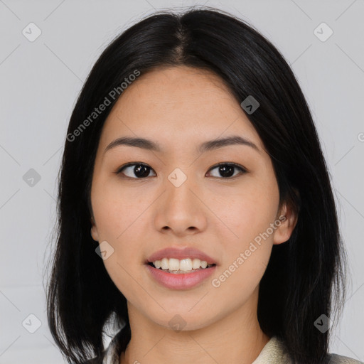 Joyful asian young-adult female with medium  black hair and brown eyes