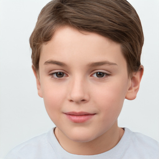 Joyful white child female with short  brown hair and brown eyes