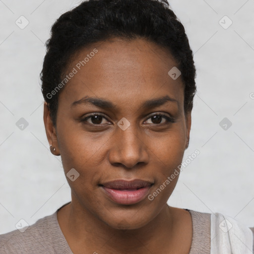 Joyful black young-adult female with short  black hair and brown eyes