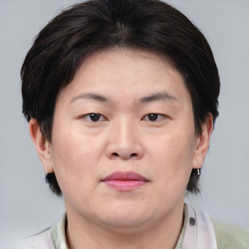 Joyful asian adult female with medium  brown hair and brown eyes