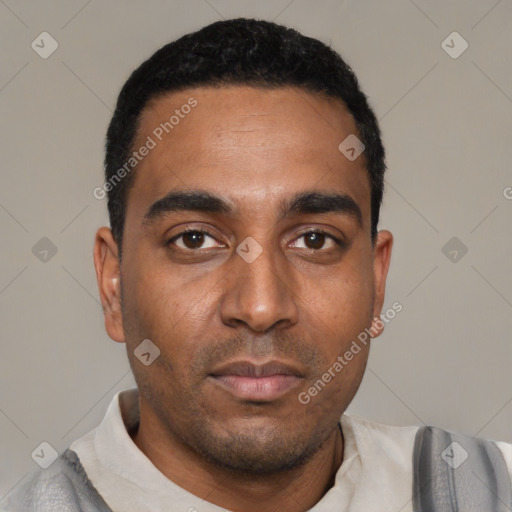 Neutral black young-adult male with short  black hair and brown eyes