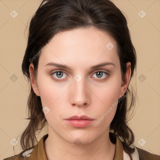 Neutral white young-adult female with medium  brown hair and brown eyes